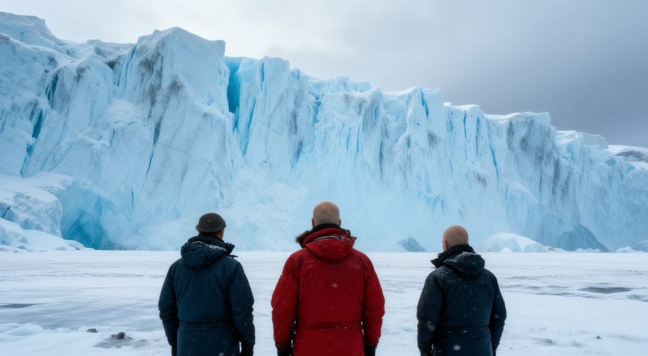 Primer fotograma cinematográfico de Antártida, muro de hielo con los exploradores