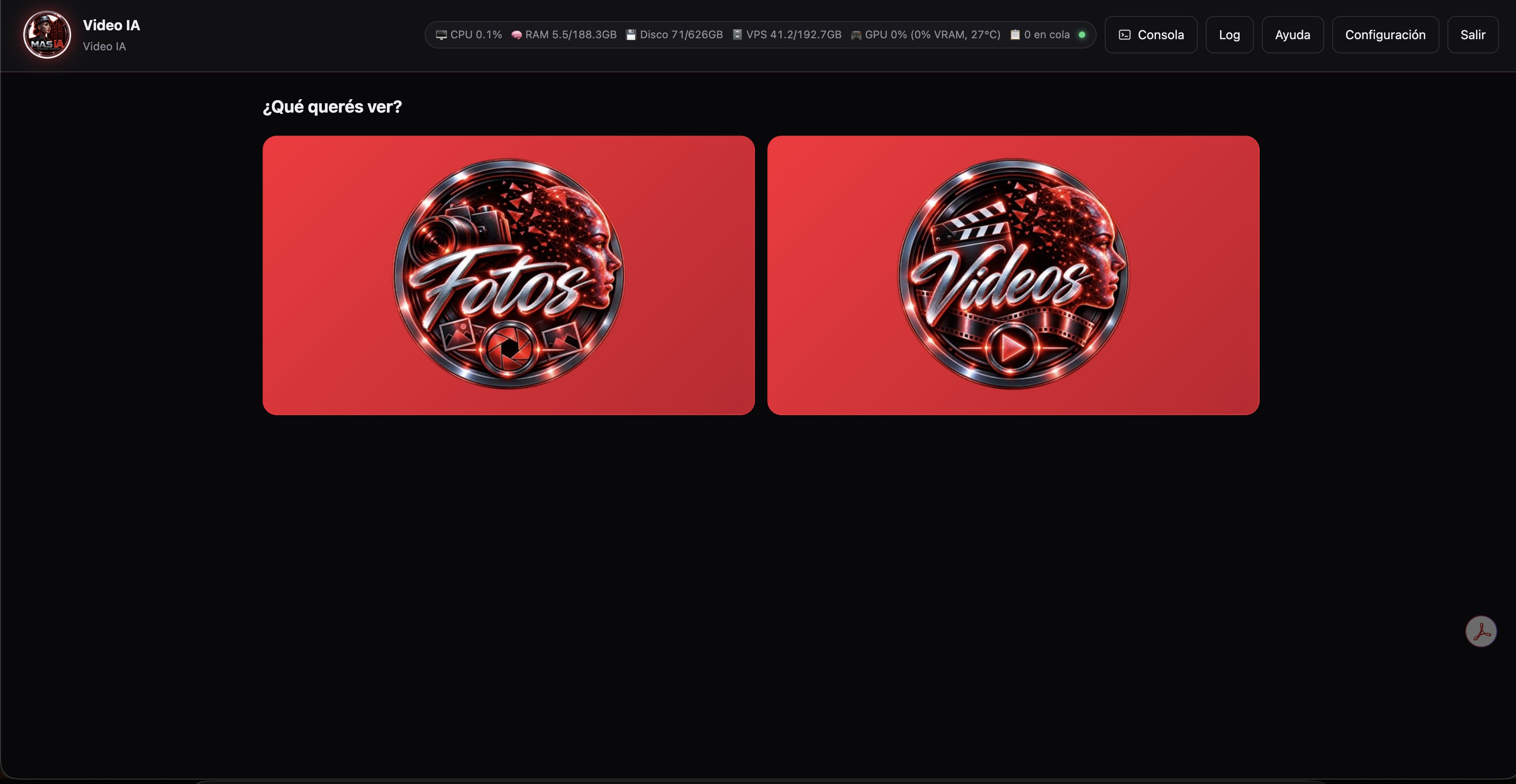 Pantalla de inicio de Video IA con dos opciones: Fotos y Videos