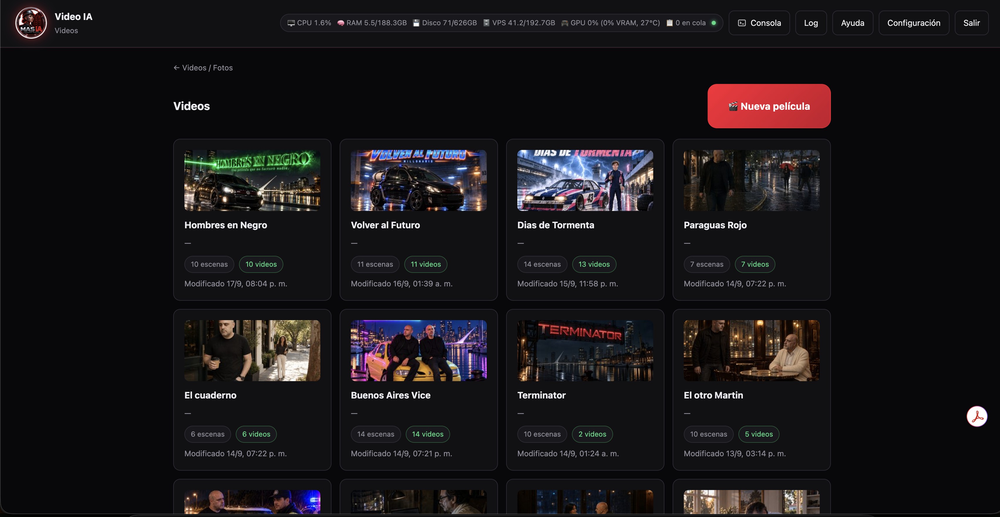 Pantalla de Videos de Video IA, con varias películas activas: Hombres en Negro, Volver al Futuro, Dias de Tormenta, Paraguas Rojo, El cuaderno, Buenos Aires Vice, Terminator, El otro Martín